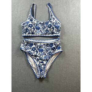 Greek Moroccan Inspired Bottom & Top Bikini Set Women's Medium Blue White Floral
